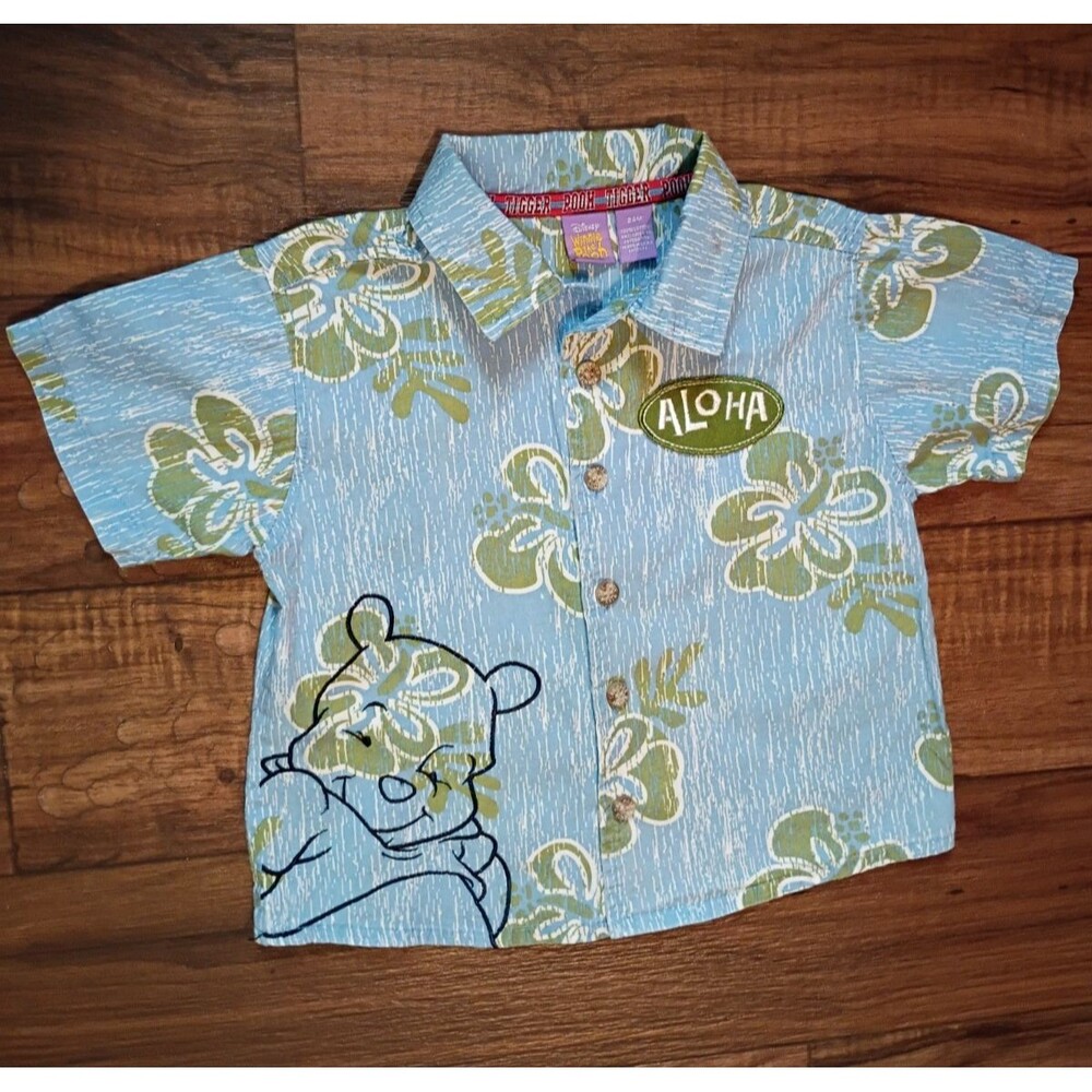 Baby Boy Sz 24M Disney Winnie Pooh Aloha Short Sleeve Button Front Blue Shirt